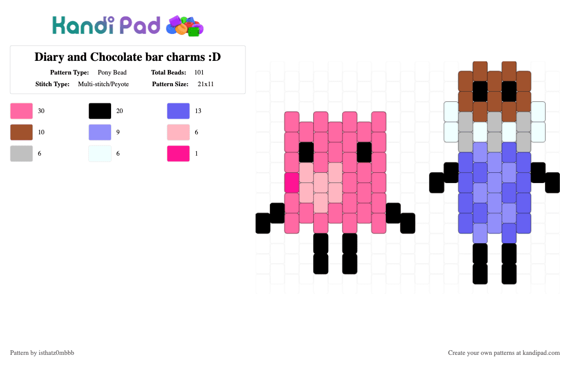 Diary and Chocolate bar charms :D - Pony Bead Pattern by isthatz0mbbb on Kandi Pad - pink,osc,chocolate bar,diary,excellent entities,charm,keychains,purple