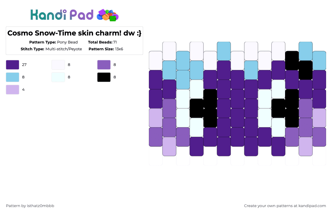 Cosmo Snow-Time skin charm! dw :} - Pony Bead Pattern by isthatz0mbbb on Kandi Pad - purple,cosmo,dandys world,lightblue,snowtime,cosmodw,white,lightpurple