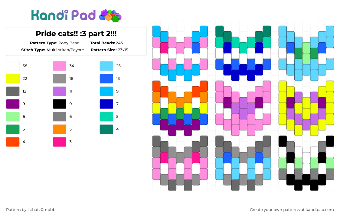 Pride cats!! :3 part 2!!! - Pony Bead Pattern by isthatz0mbbb on Kandi Pad - light blue,pink,yellow,gray,pride,cats,kitty,rainbow,flags,lgbtqia,charm,coolior