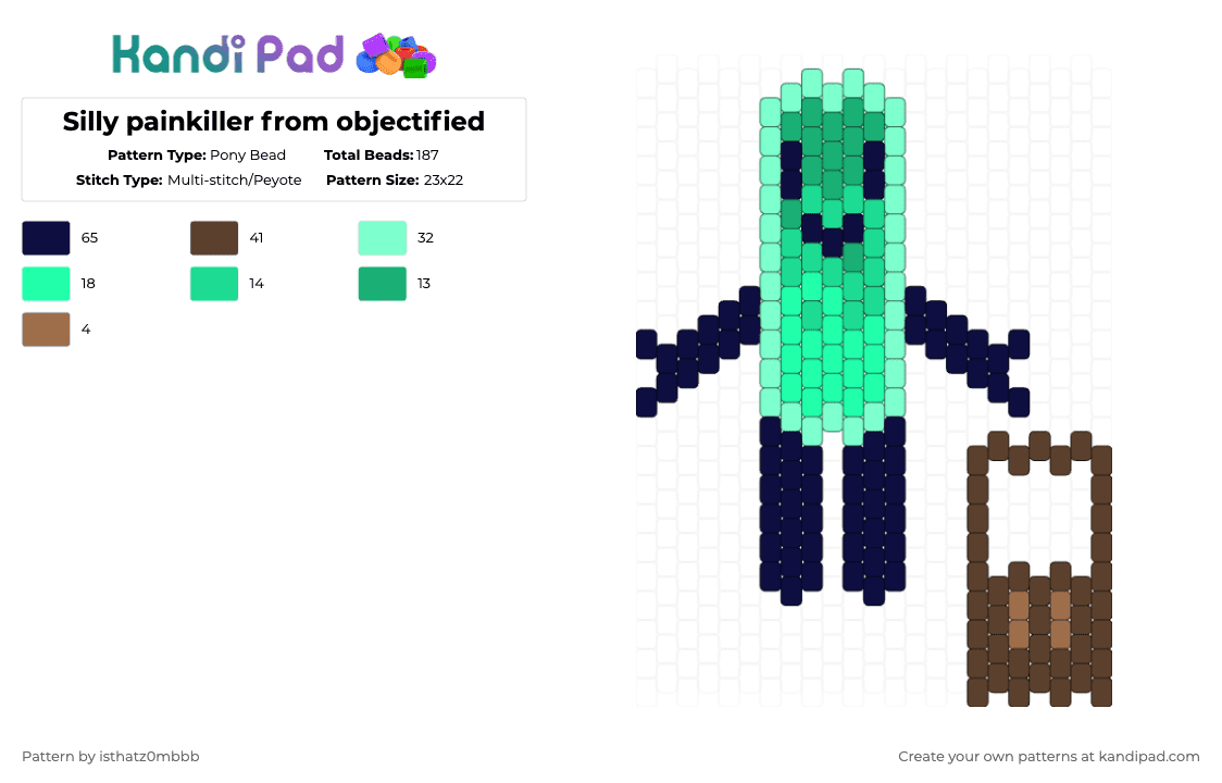 Silly painkiller from objectified - Pony Bead Pattern by isthatz0mbbb on Kandi Pad - teal,purple,brown,objectified,painkiller,objectshow,green,blue,doll,silly,turqouise
