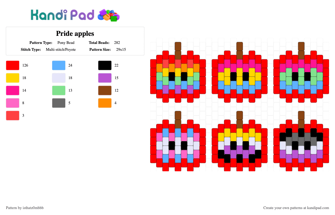 Pride apples - Pony Bead Pattern by isthatz0mbbb on Kandi Pad - red,pink,pride,apple,apples,charms,keychain,trans,nonbinary,asexual