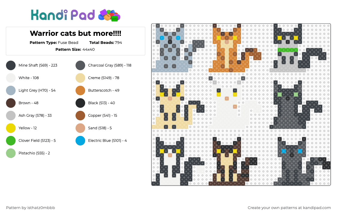 Warrior cats but more!!!! - Fuse Bead Pattern by isthatz0mbbb on Kandi Pad - beige,pink,orange,colorful,warrior cats,warriors,tigerstar,small,brown,black,charms