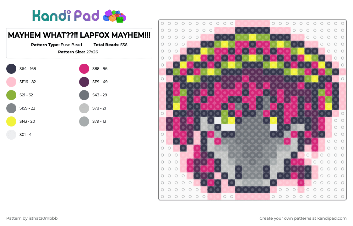 MAYHEM WHAT??!! LAPFOX MAYHEM!!! - Fuse Bead Pattern by isthatz0mbbb on Kandi Pad - purple,pink,mayhem,green,hotpink,lapfox,halleylabs,shark,lapfoxmayhem