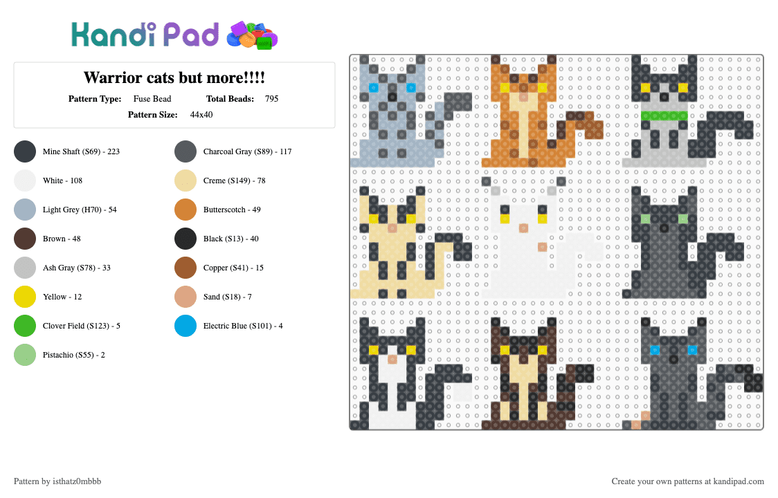 Warrior cats but more!!!! - Fuse Bead Pattern by isthatz0mbbb on Kandi Pad - beige, black, brown, charms, colorful, orange, pink, small, tigerstar, warrior cats, warriors