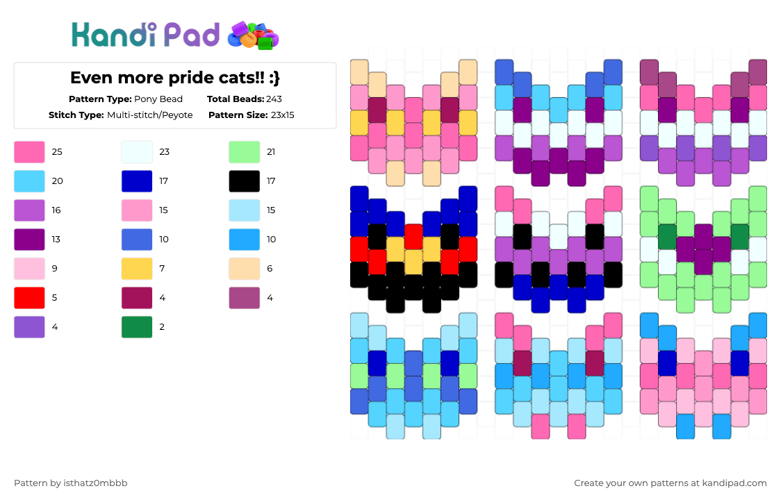 Even more pride cats!! :} - Pony Bead Pattern by isthatz0mbbb on Kandi Pad - pink,light blue,purple,teal,kitty,pride,cats,charm,lgbtqia,kittycatss,rainbow,awesome sauce