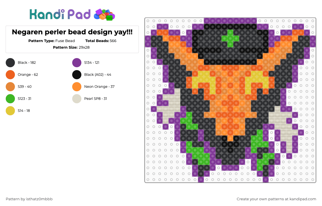 Negaren perler bead design yay!!! - Fuse Bead Pattern by isthatz0mbbb on Kandi Pad - orange,pink,negaren,lapfox,lapfoxnegaren,halleylabs,lapfoxalias,green,black