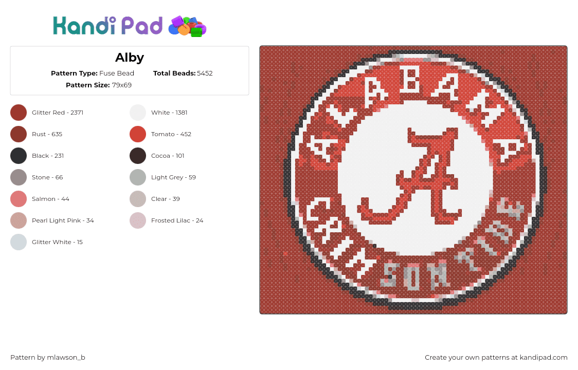 Alby - Fuse Bead Pattern by mlawson_b on Kandi Pad - crimson tide,alabama,logo,football,text,sports,team,red,white