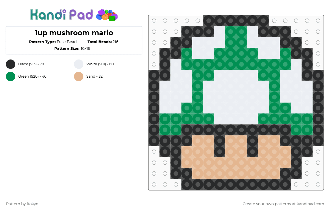1up mushroom mario - Fuse Bead Pattern by ltokyo on Kandi Pad - beige,green