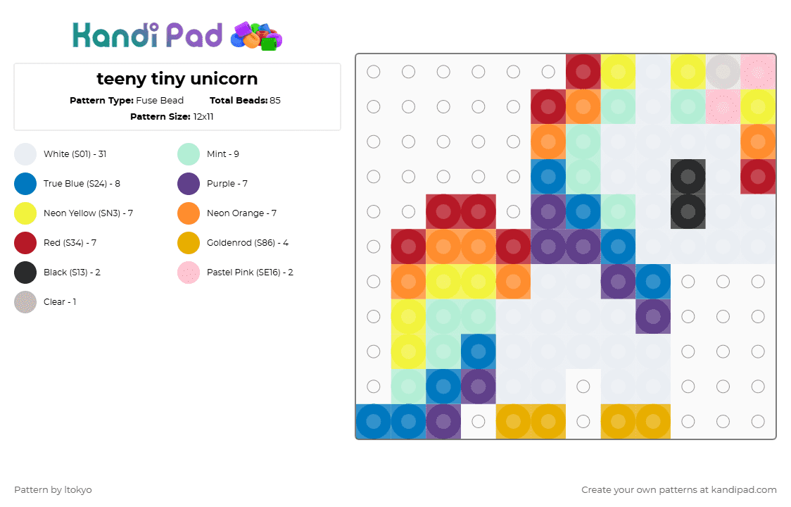 teeny tiny unicorn - Fuse Bead Pattern by ltokyo on Kandi Pad - white,purple,light blue,yellow,colorful