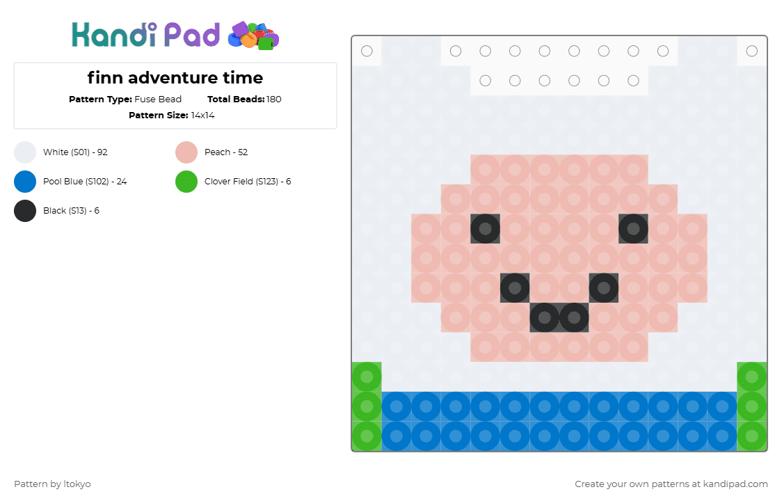 finn adventure time - Fuse Bead Pattern by ltokyo on Kandi Pad - white,beige