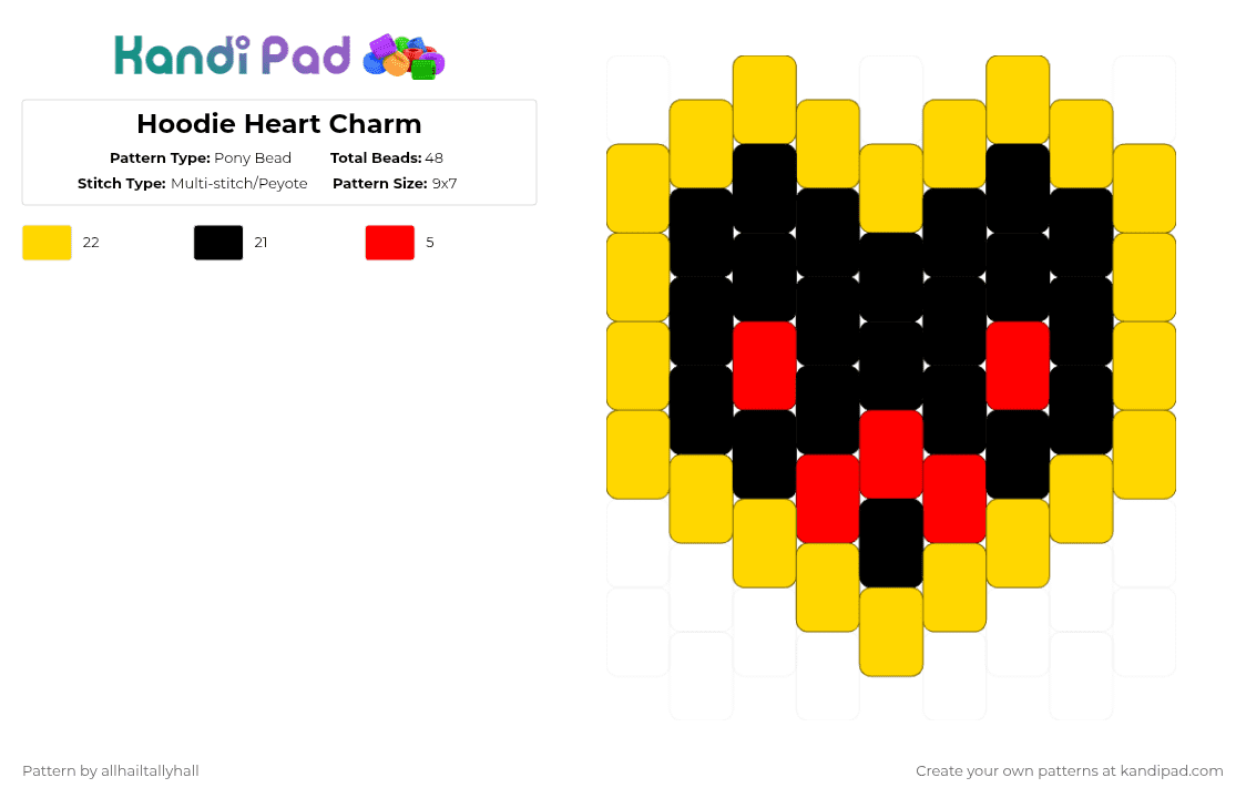 Hoodie Heart Charm - Pony Bead Pattern by allhailtallyhall on Kandi Pad - yellow