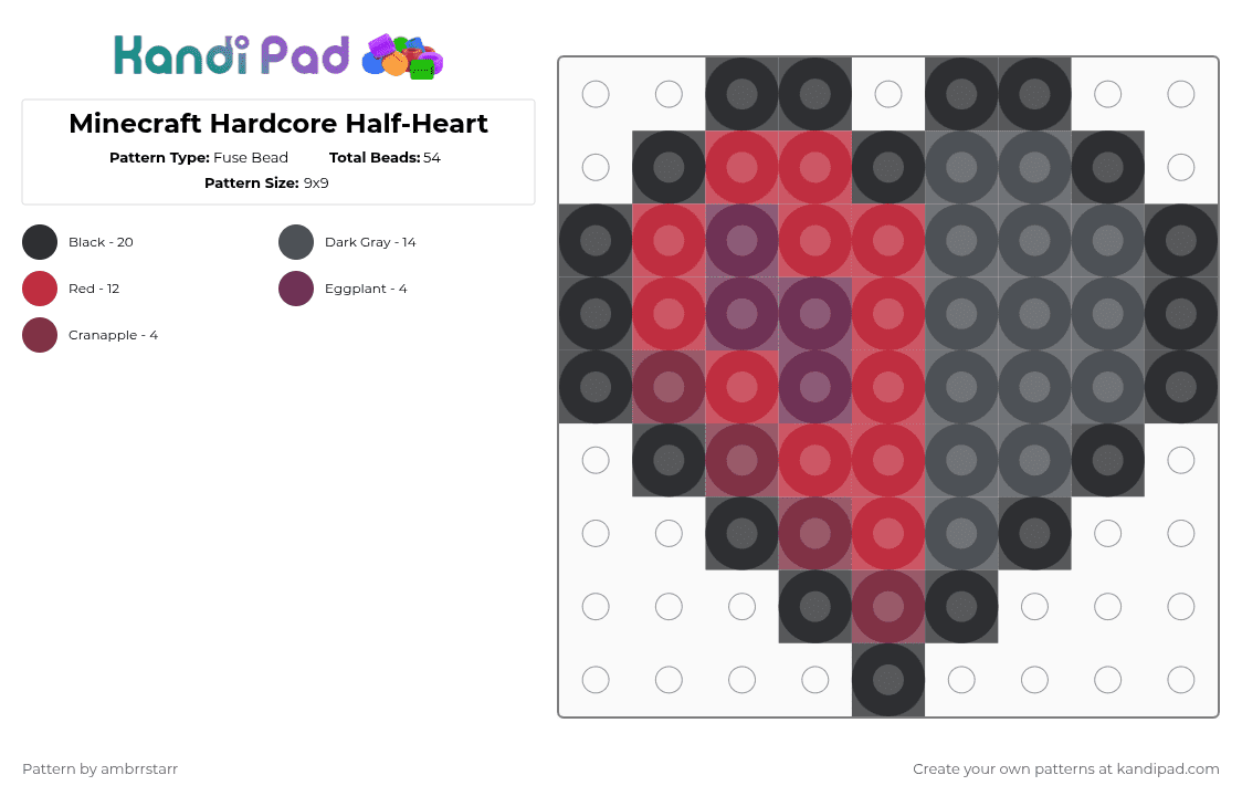 Minecraft Hardcore Half-Heart - Fuse Bead Pattern by mortem_follower_fox on Kandi Pad - red,gray,game,minecraft