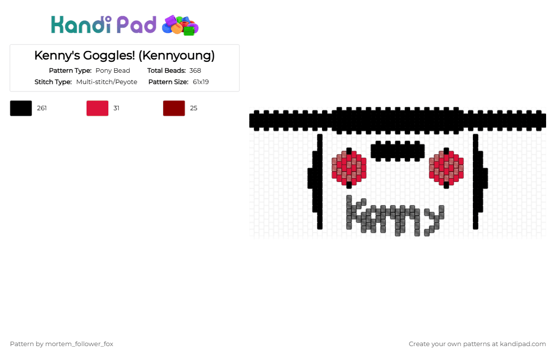 Kenny\'s Goggles! (Kennyoung) - Pony Bead Pattern by mortem_follower_fox on Kandi Pad - black,kennyoung,kenny,goggles,accessories,wearable