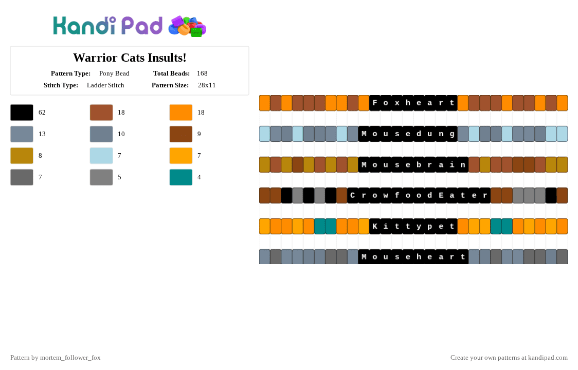 Warrior Cats Insults! - Pony Bead Pattern by mortem_follower_fox on Kandi Pad - red,orange,gray