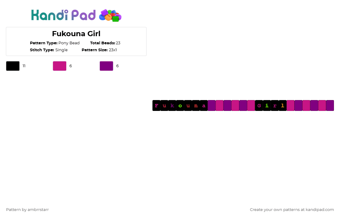 Fukouna Girl - Pony Bead Pattern by mortem_follower_fox on Kandi Pad - artist, black, music, pink, song, stomach book