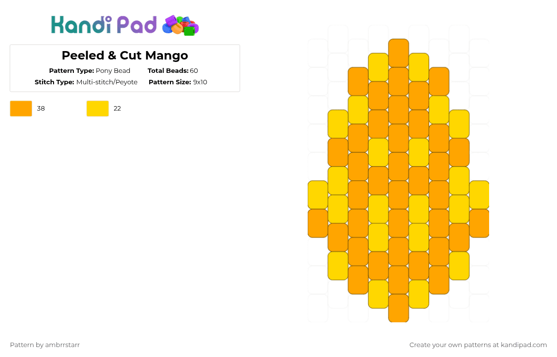 Peeled & Cut Mango - Pony Bead Pattern by mortem_follower_fox on Kandi Pad - food, fruit, mango, orange, yellow