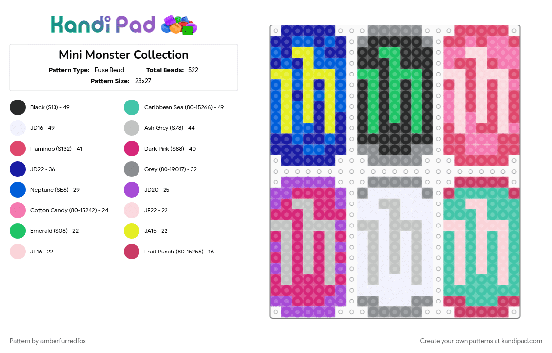Mini Monster Collection - Fuse Bead Pattern by amberfurredfox on Kandi Pad - beige, colorful, drink, energy drink, food, monster, pink, purple