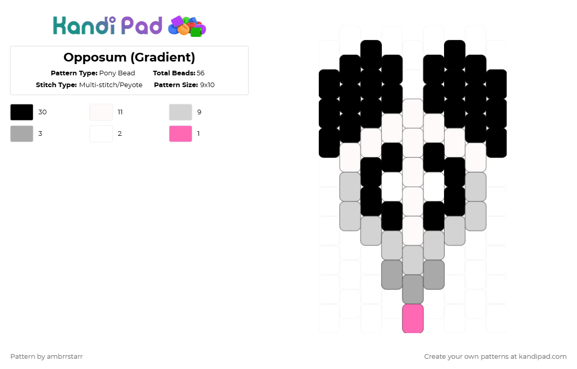 Opposum (Gradient) - Pony Bead Pattern by mortem_follower_fox on Kandi Pad - white,beige,animal,nature,keychain,charm