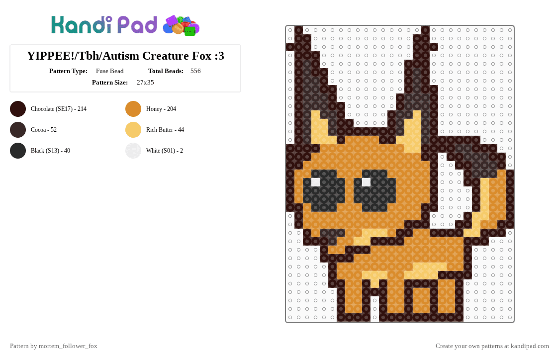 YIPPEE!/Tbh/Autism Creature Fox :3 - Fuse Bead Pattern by mortem_follower_fox on Kandi Pad - brown,orange,tbh,creature,fox,base,animal,yipee