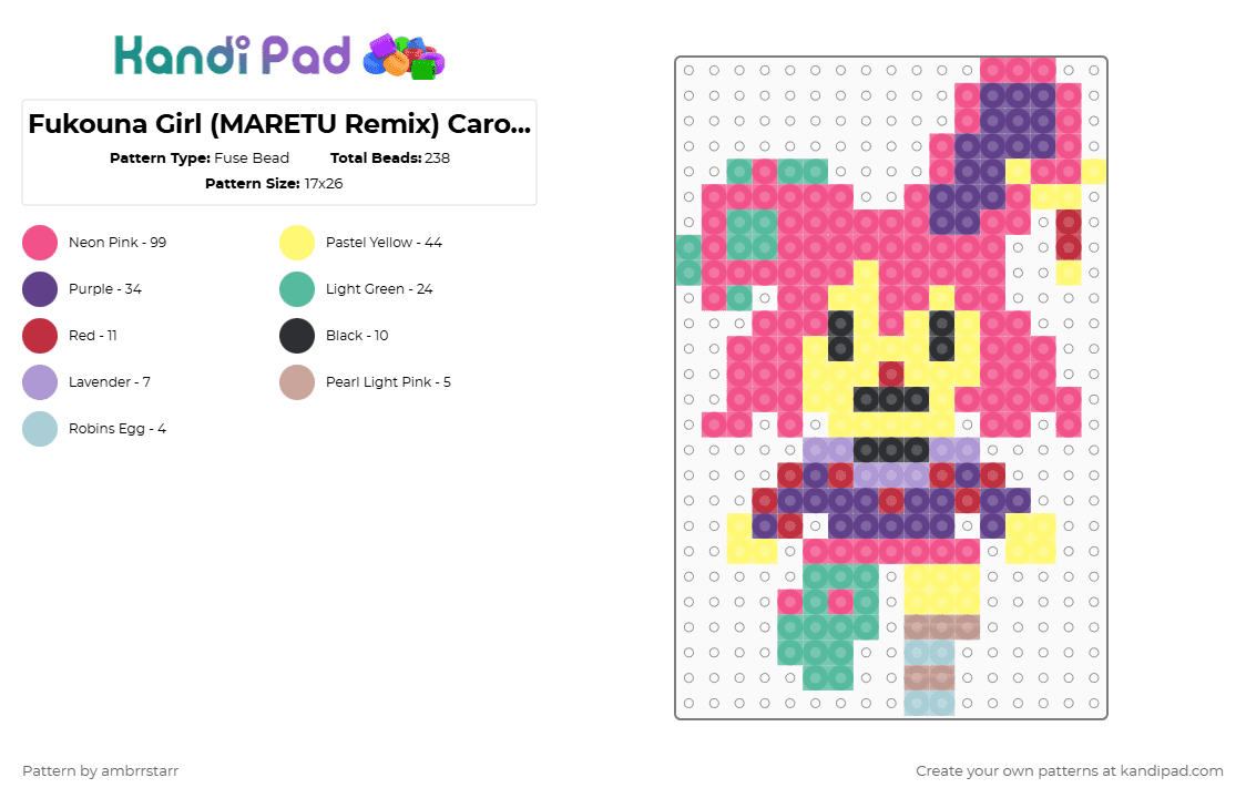 Fukouna Girl (MARETU Remix) Caroline (Outlineless - Fuse Bead Pattern by mortem_follower_fox on Kandi Pad - yellow,pink,purple