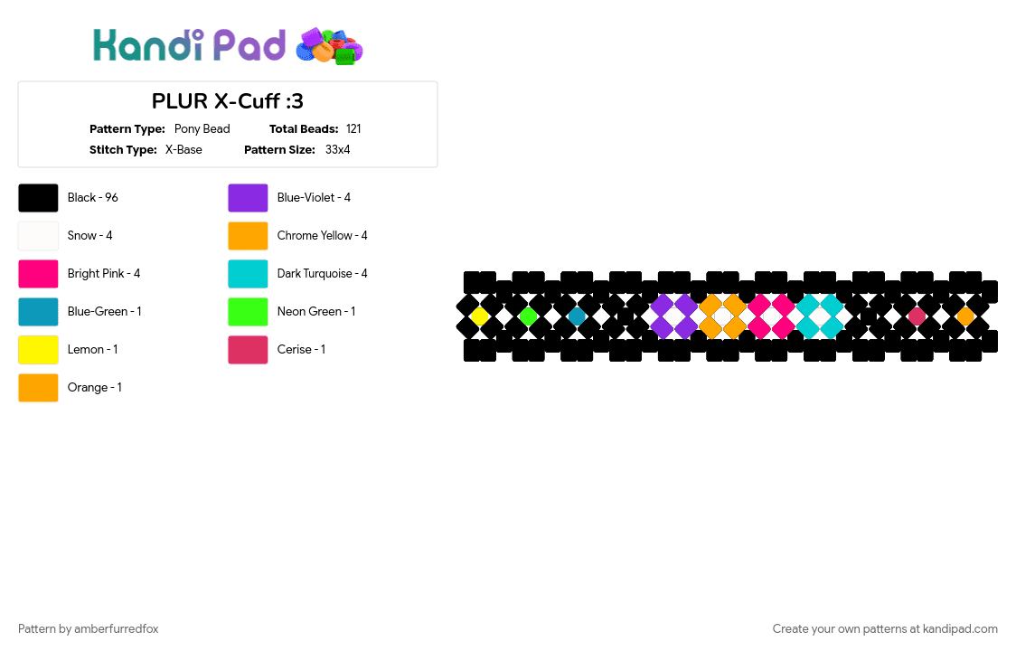 PLUR X-Cuff :3 - Pony Bead Pattern by amberfurredfox on Kandi Pad - black, colorful, light blue, orange, pink, plur, rainbow, x cuff