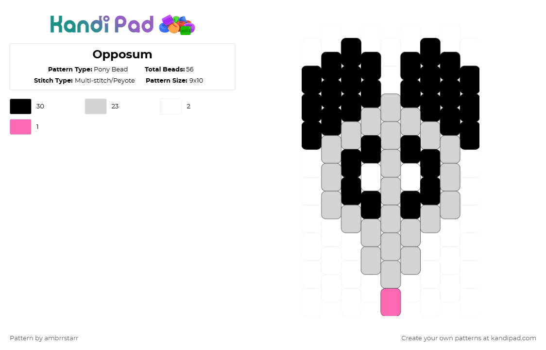 Opposum - Pony Bead Pattern by mortem_follower_fox on Kandi Pad - white,animal,nature,keychain,charm