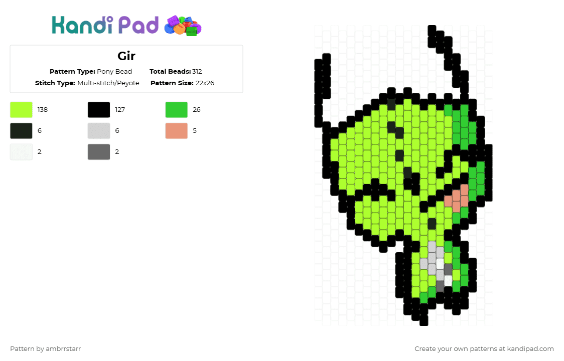 Gir - Pony Bead Pattern by mortem_follower_fox on Kandi Pad - green,cartoon,invader zim,gir