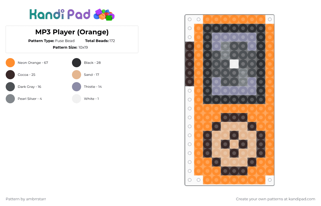 MP3 Player (Orange) - Fuse Bead Pattern by mortem_follower_fox on Kandi Pad - gray,orange,music,device,mp3 player,y2k