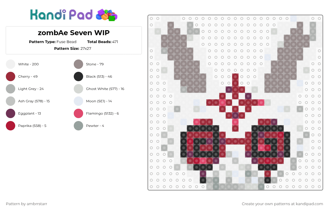 zombAe Seven - Fuse Bead Pattern by mortem_follower_fox on Kandi Pad - white,red,gray,zombae,femtanyl,music,musician,character