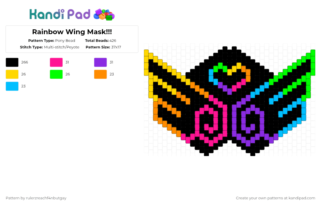 Rainbow Wing Mask!!! - Pony Bead Pattern by rulerzreachf4nbutgay on Kandi Pad - black,green,purple,colorful,rainbow,mask,kandi,neon,wing