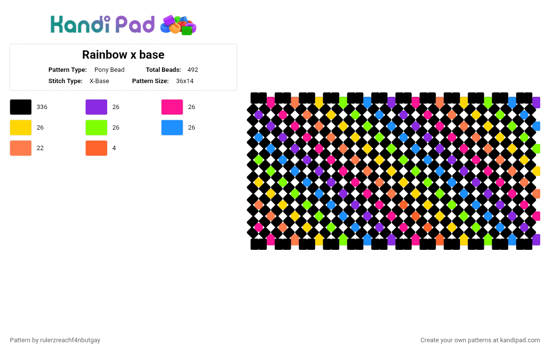 Rainbow x base - Pony Bead Pattern by rulerzreachf4nbutgay on Kandi Pad - black,pink,yellow,light blue,colorful