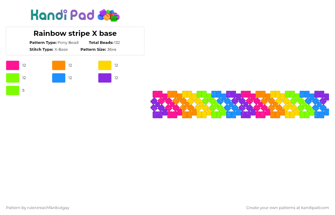 Rainbow stripe X base - Pony Bead Pattern by rulerzreachf4nbutgay on Kandi Pad - orange,green,purple,colorful,rainbow,kandi,glitter,stripe,neon,x base,cuff