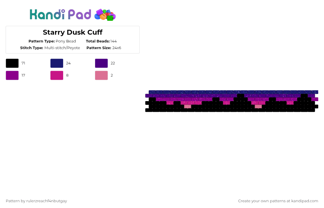 Starry Dusk Cuff - Pony Bead Pattern by rulerzreachf4nbutgay on Kandi Pad - pink,purple,dusk,space,cuff,kandi,starry,glitter,rainbow,night