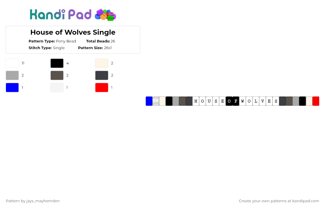 House of Wolves Single - Pony Bead Pattern by jays_mayhemden on Kandi Pad - white,beige,gray