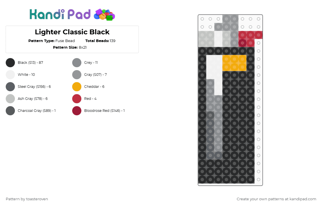 Lighter Classic Black - Fuse Bead Pattern by toasteroven on Kandi Pad - black,gray,lighter,smoke,smoking
