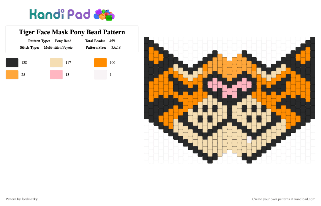 Tiger Face Mask Pony Bead Pattern - Pony Bead Pattern by lordmazky on Kandi Pad - orange,beige