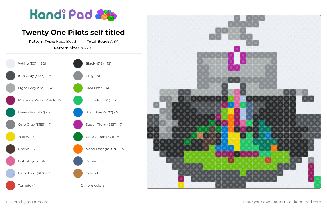Twenty One Pilots self titled - Fuse Bead Pattern by teganbearer on Kandi Pad - white,purple,gray,green,colorful