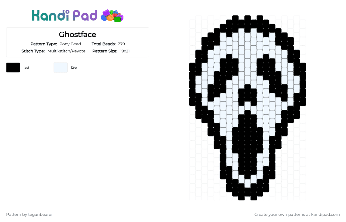 Ghostface - Pony Bead Pattern by teganbearer on Kandi Pad - black,white