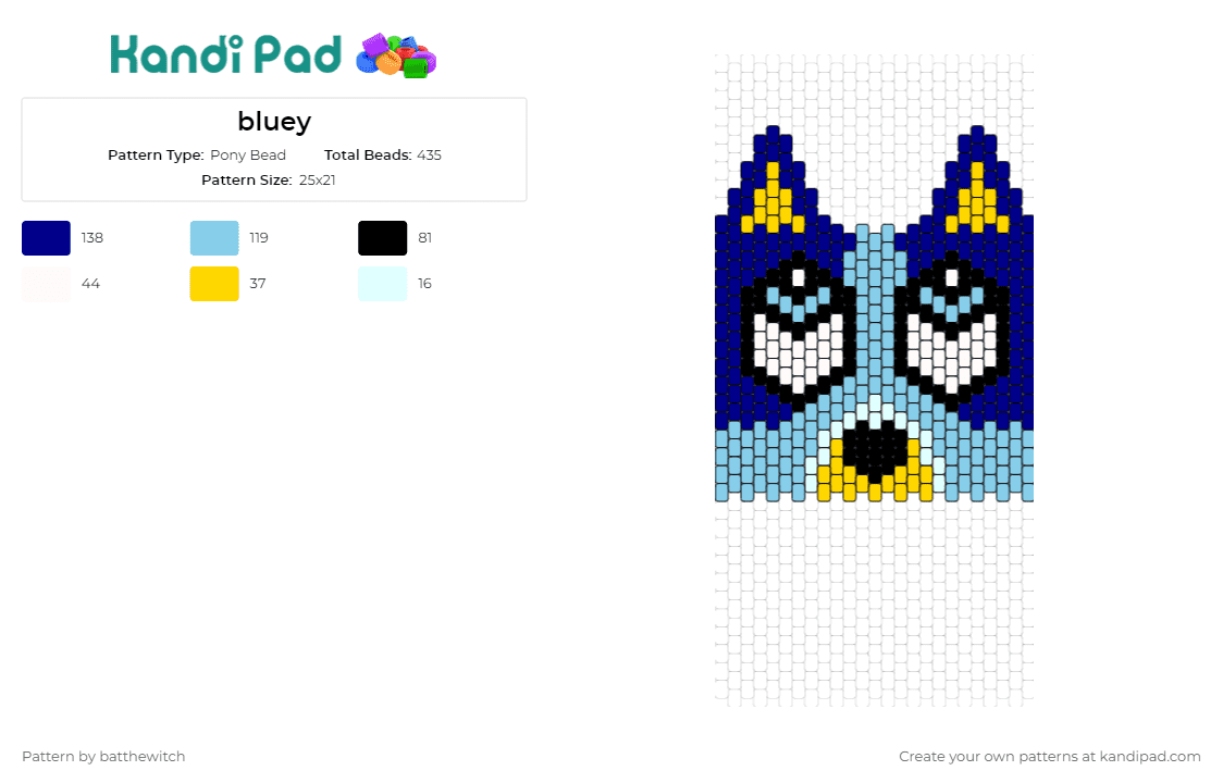 bluey - Pony Bead Pattern by batthewitch on Kandi Pad - bluey,playful,charming,beloved character,vibrant blue,kandi piece