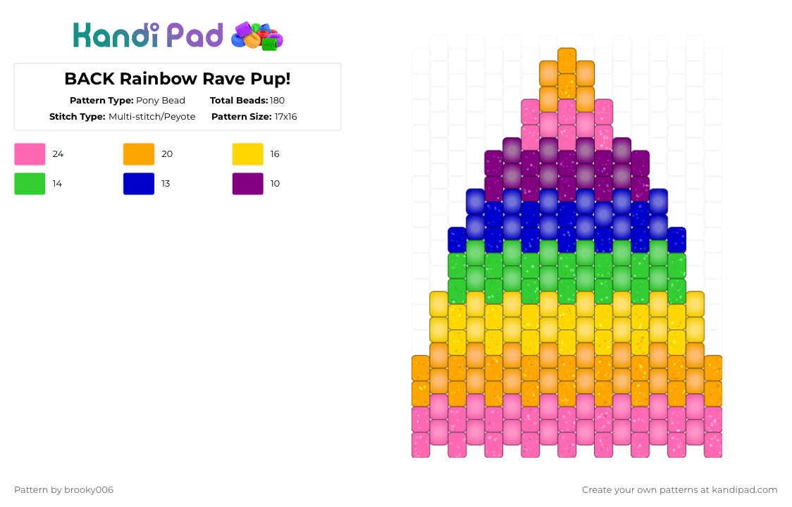 BACK Rainbow Rave Pup! - Pony Bead Pattern by brooky006 on Kandi Pad - rave,pup,puppy ears,puppy,ear,dog,doggie,kemonomimi