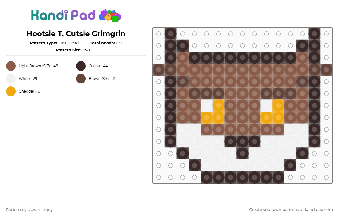 Hootsie T. Cutsie Grimgrin - Fuse Bead Pattern by clowncarguy on Kandi Pad - brown,tan,hootsie,avantris,once upon a witchlight,ouaw,character,loa