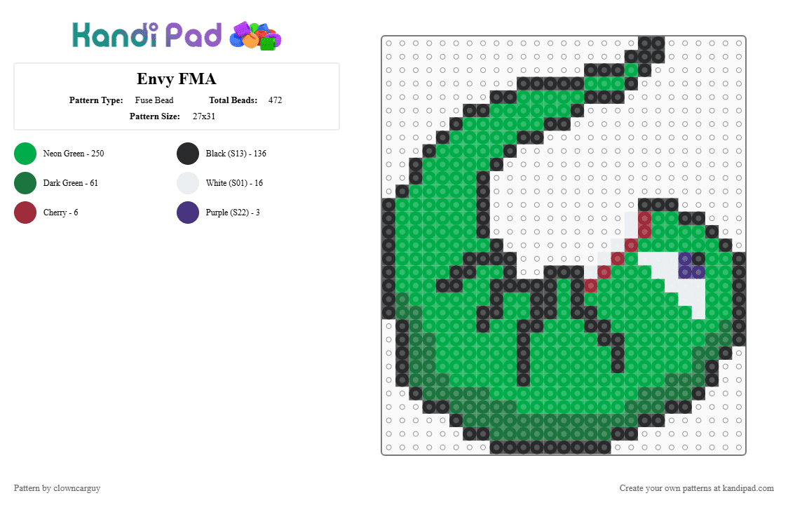 Envy FMA - Fuse Bead Pattern by clowncarguy on Kandi Pad - green,fullmetal alchemist,fmab,fma,fullmetal alchemist brotherhoo,envy,homunculus