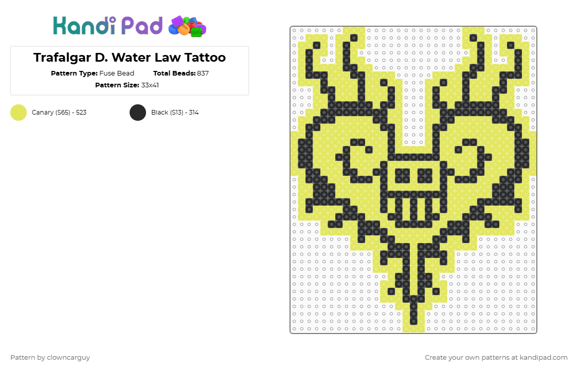 Trafalgar D. Water Law Tattoo - Fuse Bead Pattern by clowncarguy on Kandi Pad - black,yellow,anime,law,trafalgar law,trafalgar d water law,one piece