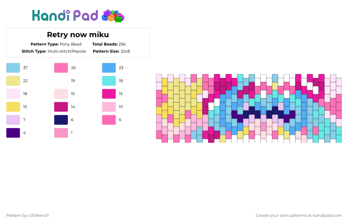 Retry now miku - Pony Bead Pattern by c00lk4nd1 on Kandi Pad - light blue,pink,miku,vocaloid,retry now,blue,stars