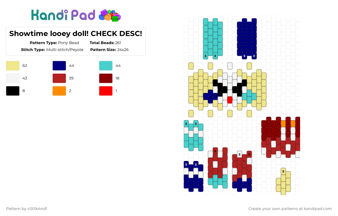 Showtime looey doll! CHECK DESC! - Pony Bead Pattern by c00lk4nd1 on Kandi Pad - yellow,purple,light blue,red,cotdcomedy,looey,doll,dandys world,ballon dog,clown,world