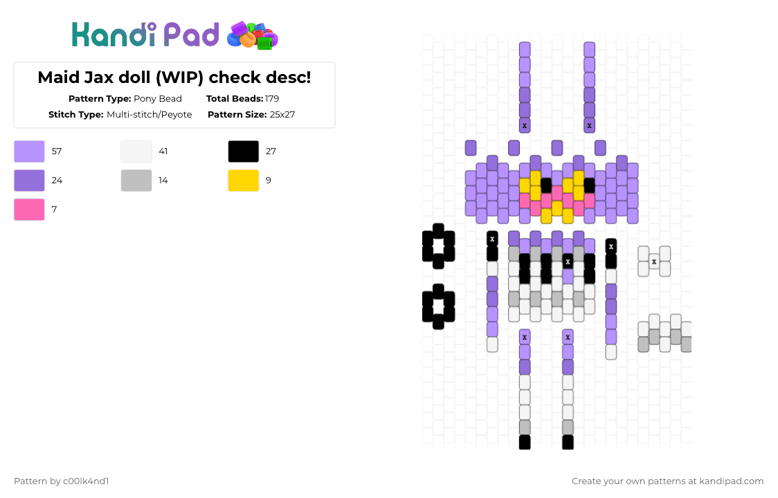 Maid Jax doll (WIP) check desc! - Pony Bead Pattern by c00lk4nd1 on Kandi Pad - pink,jax,maid,purple,black,yellow