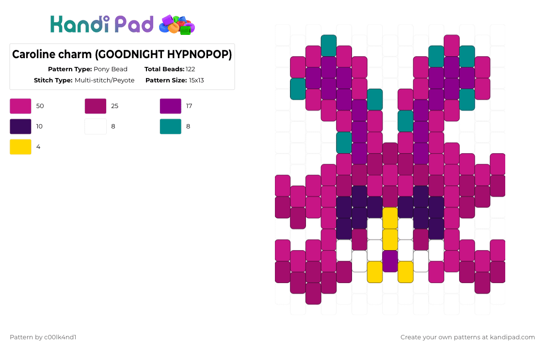 Caroline charm (GOODNIGHT HYPNOPOP) - Pony Bead Pattern by c00lk4nd1 on Kandi Pad - pink,caroline,stomach book,goodnight hypnopop