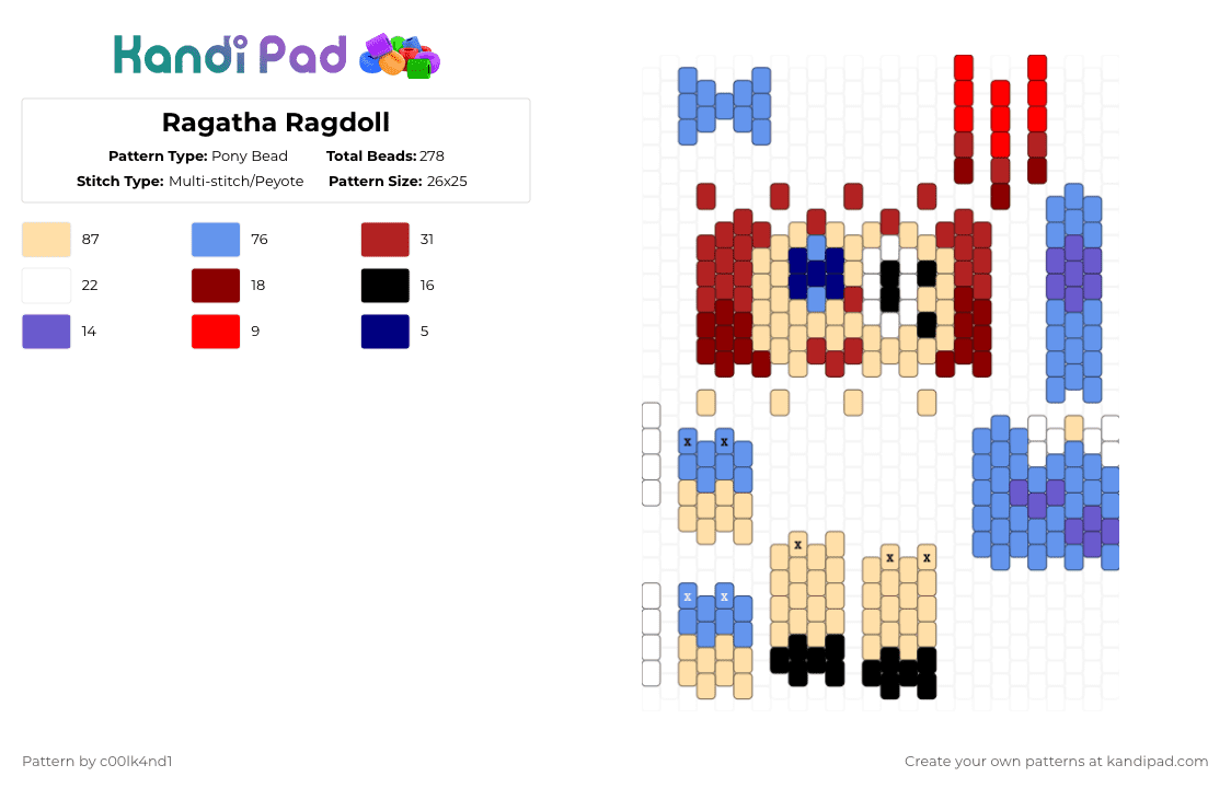 Ragatha Ragdoll - Pony Bead Pattern by c00lk4nd1 on Kandi Pad - red,beige,light blue,ragatha,tadc,doll,ragatha doll,blue,ragdoll,the amazing digital circus,purlple