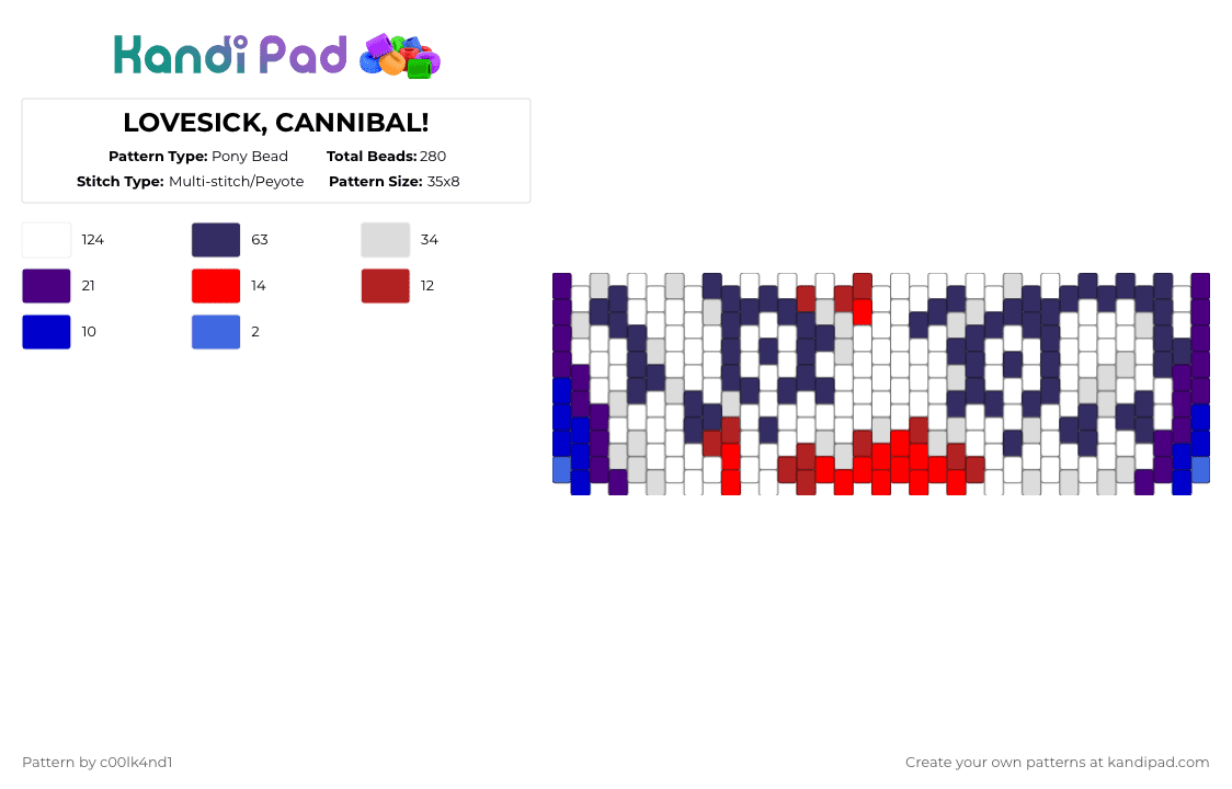 LOVESICK, CANNIBAL! - Pony Bead Pattern by c00lk4nd1 on Kandi Pad - white,purple,femtanyl,lovesick cannibal,red