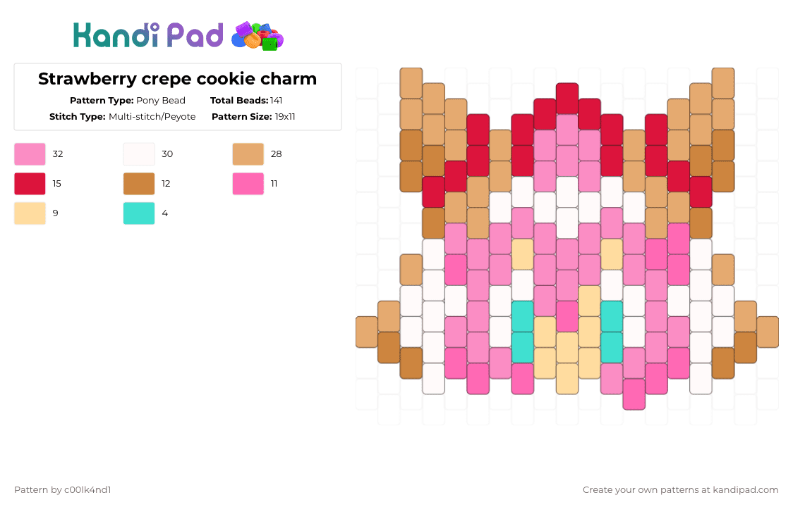 Strawberry crepe cookie charm - Pony Bead Pattern by c00lk4nd1 on Kandi Pad - cookie, crk, orange, pink, strawberry, waffle
